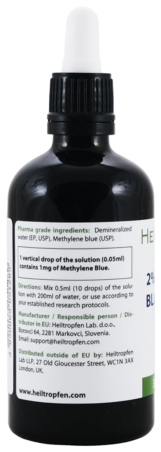 High Concentration 2% Methylene Blue Solution - 100ml | Ultra High Purity | USP Pharmaceutical Grade Ingredients - Third Party Tested | Formaldehyde Free | Methylene | Heiltropfen®
