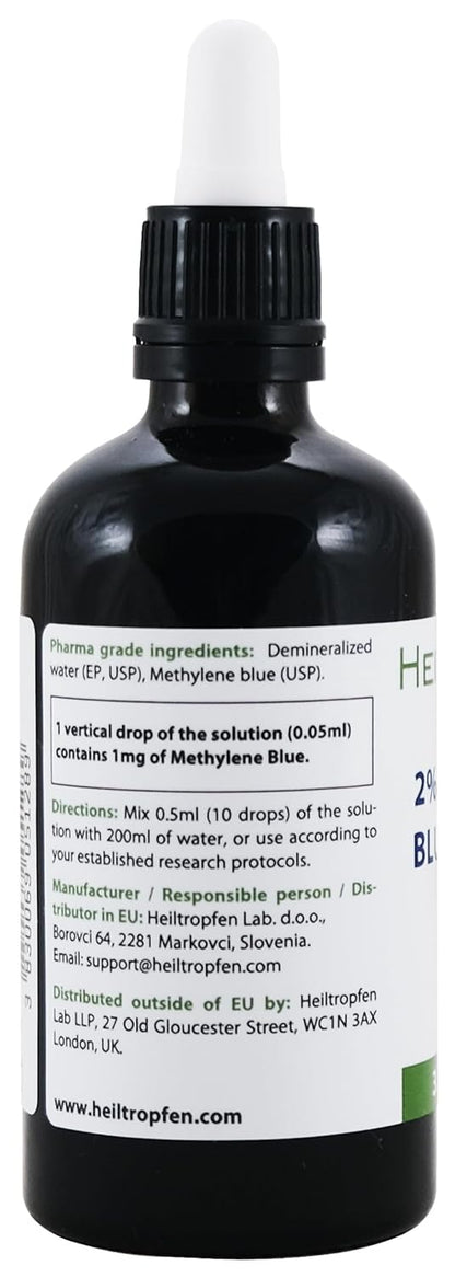 High Concentration 2% Methylene Blue Solution - 100ml | Ultra High Purity | USP Pharmaceutical Grade Ingredients - Third Party Tested | Formaldehyde Free | Methylene | Heiltropfen®