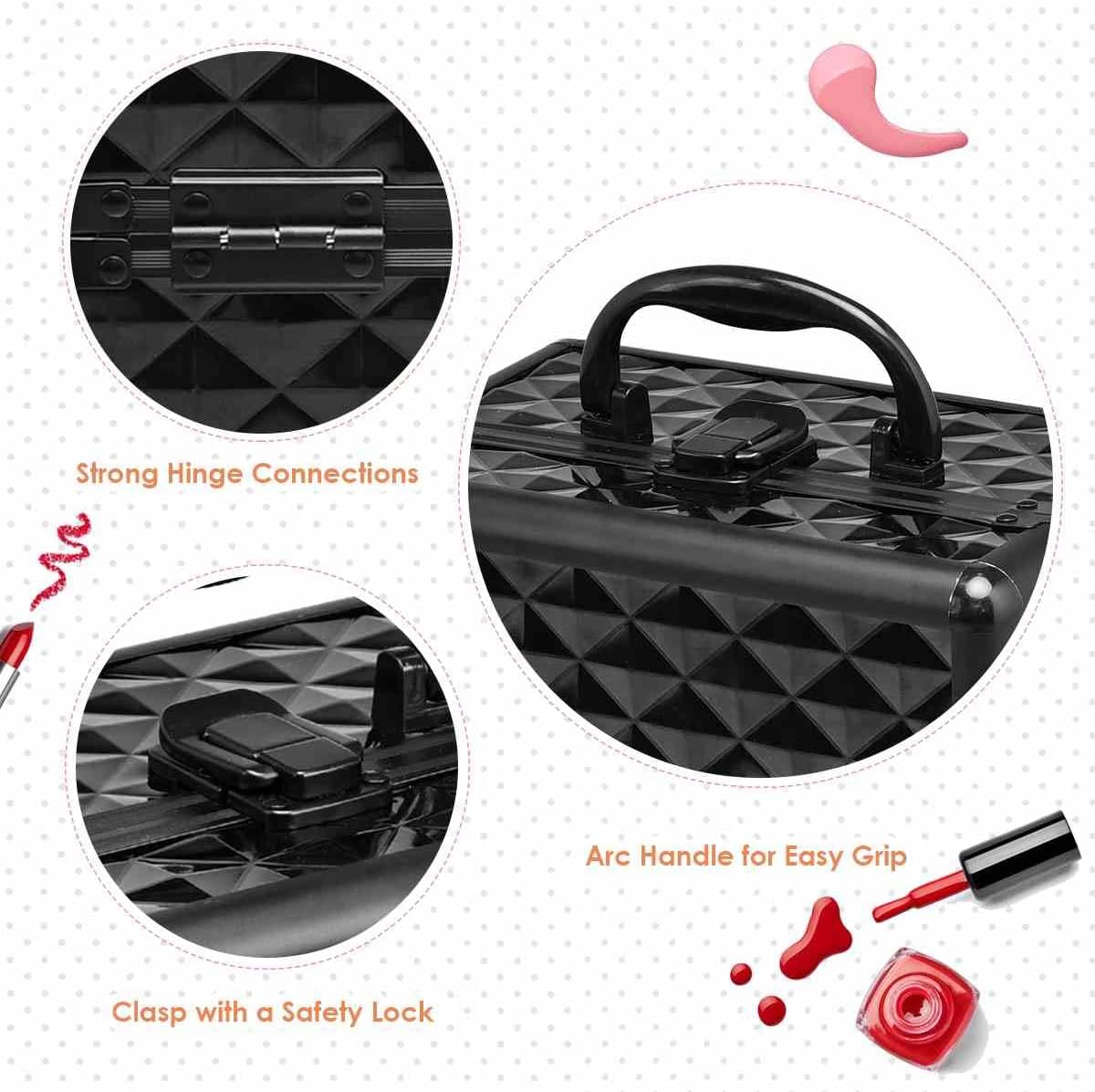 Cosmetic Beauty Case, Portable Lockable Makeup Jewelry Organizer, Travel Makeup Storage Box w/Mirror, Diamond Rose Gold, for Home Travel Gift (Black)