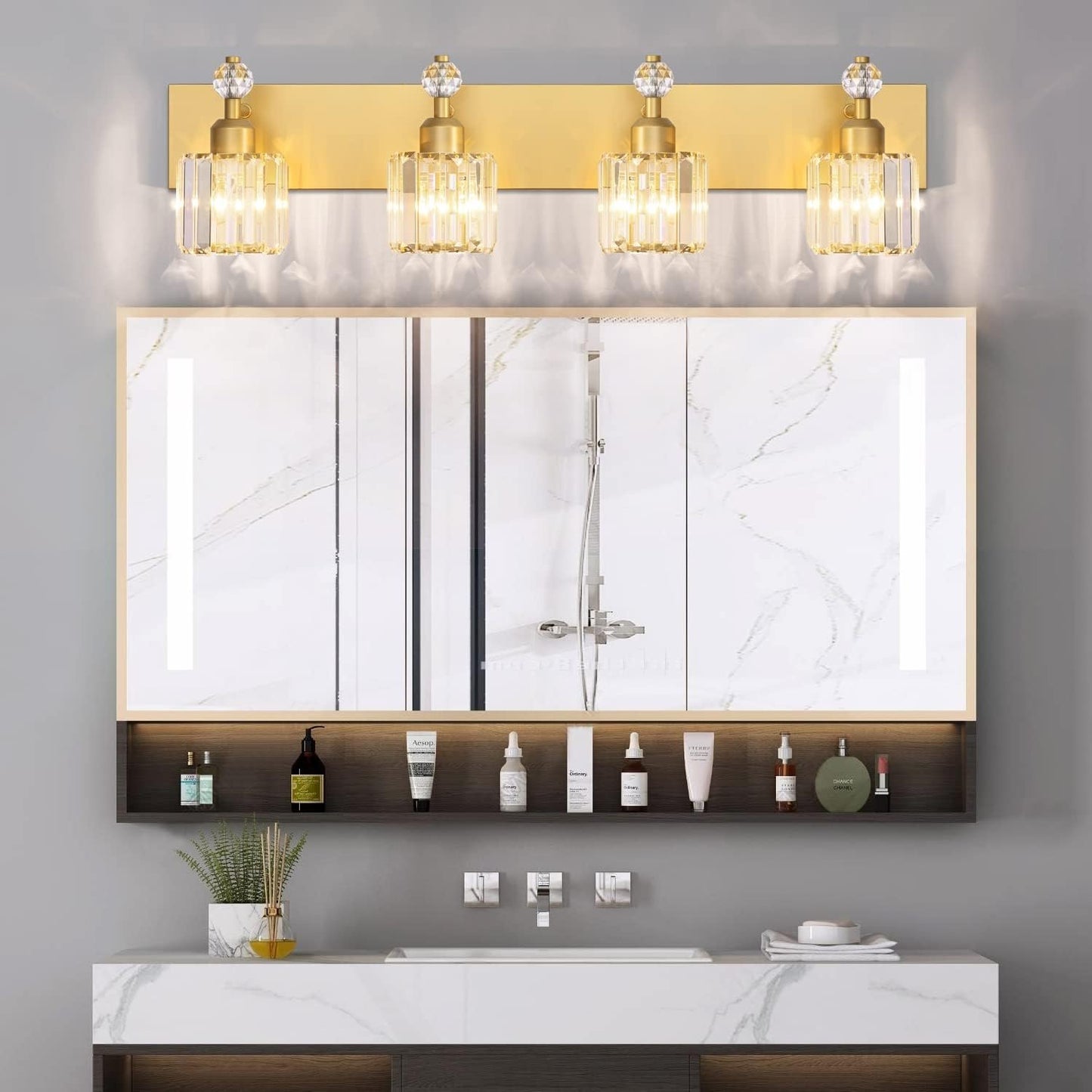 PRESDE Modern Crystal Bathroom Vanity Light 4 Light Gold Vanity Lighting Over Mirror Bathroom Wall Light Fixtures