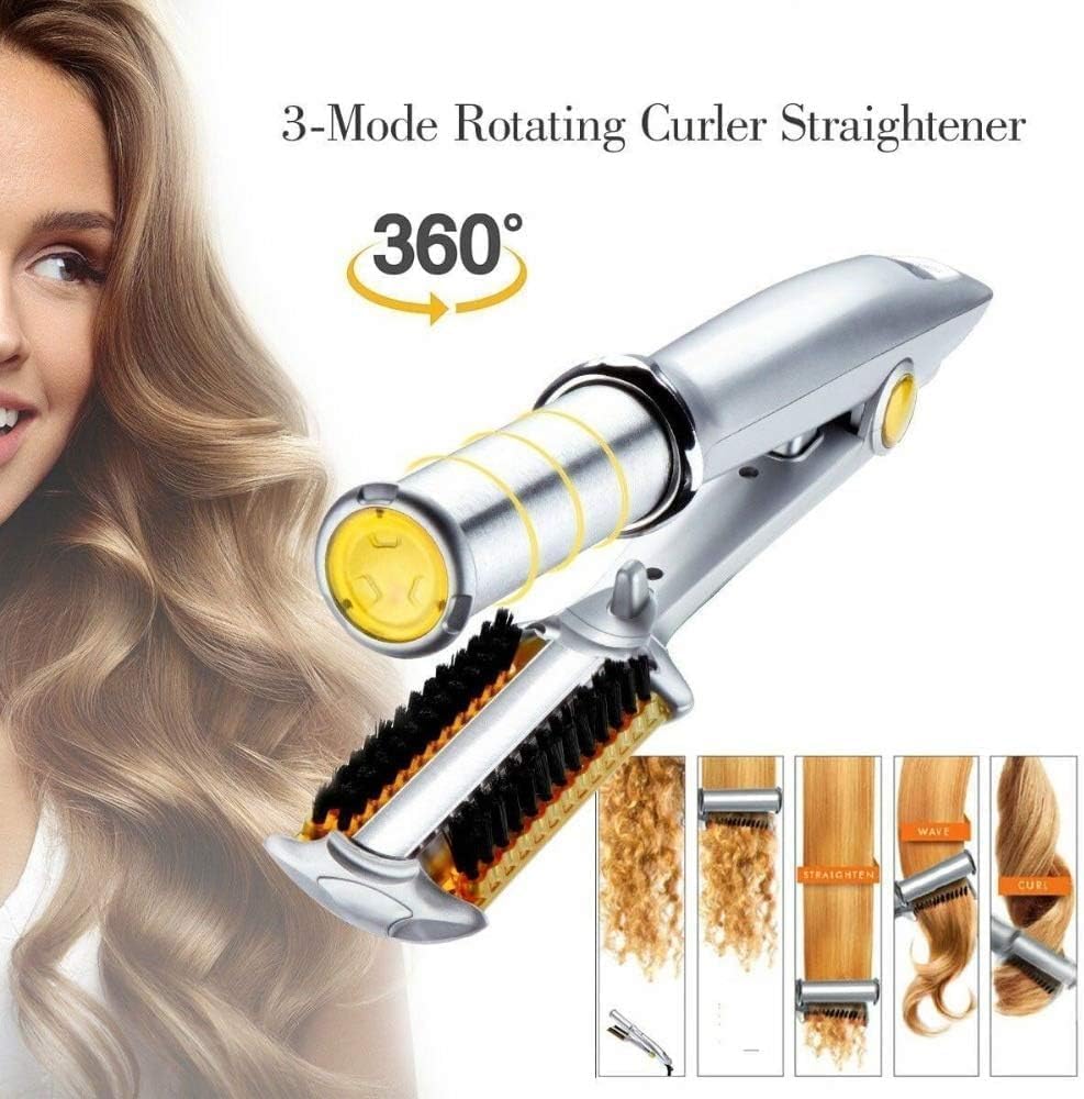 2 in1 Hair Curler Straighter Rotating Iron, Curling Iron Wand for Hair Curling and Straighting, Dry and Wet Styling Tool, Travel for Girls Women (Gray)