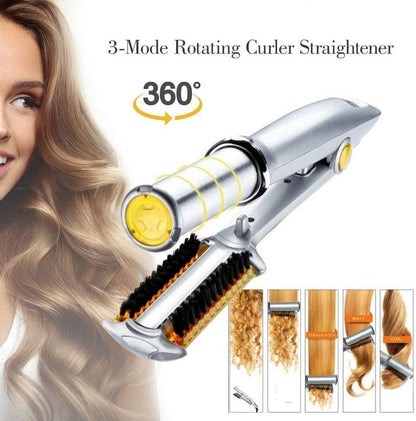 2 in1 Hair Curler Straighter Rotating Iron, Curling Iron Wand for Hair Curling and Straighting, Dry and Wet Styling Tool, Travel for Girls Women (Gray)