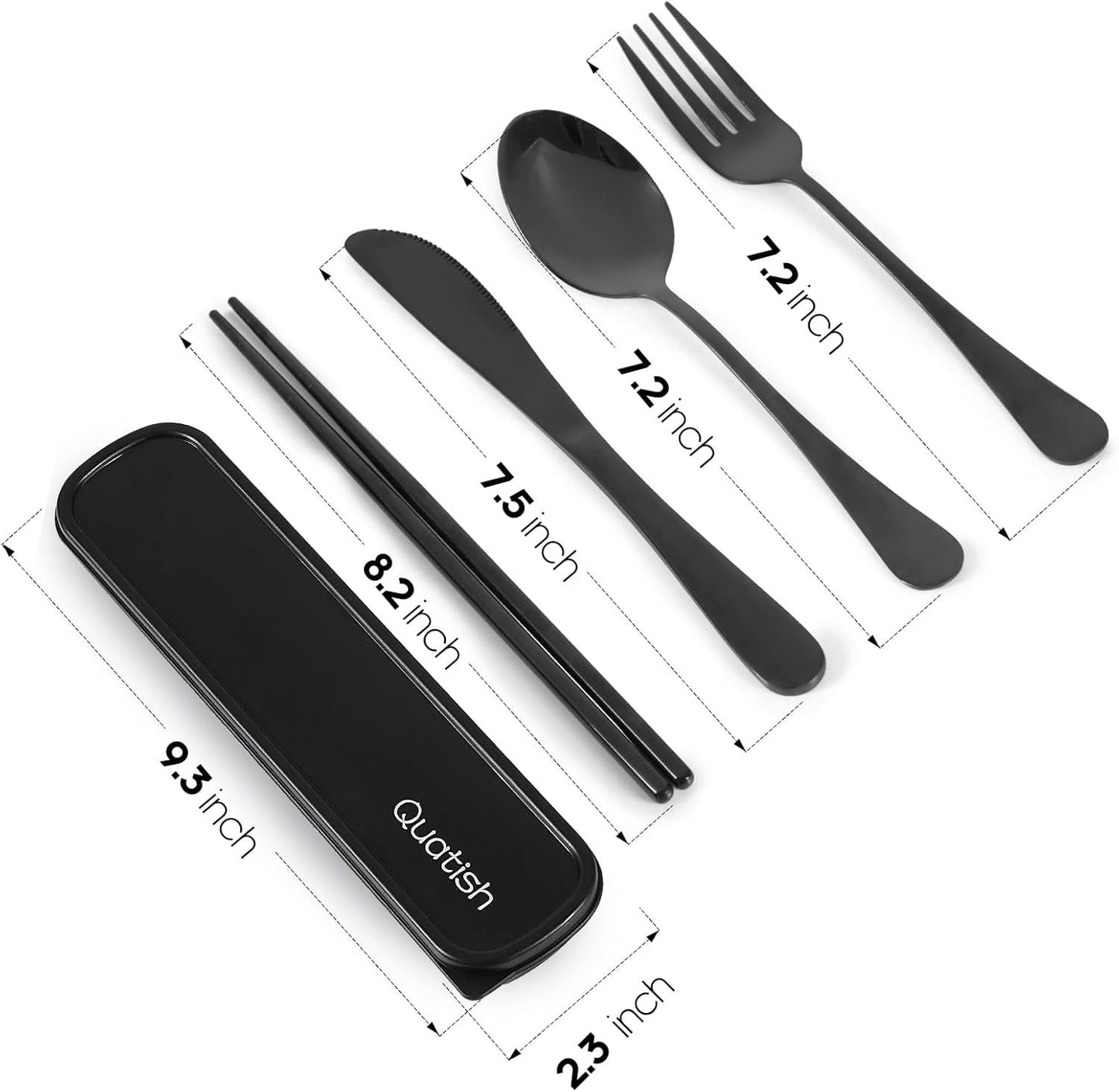 Travel Utensils with Case, Quatish Portable Utensil Set for Work, Stainless Steel Reusable Travel Cutlery Set, Spoon and Fork Set for Camping, Picnic, Gadgets, Men Lunch Box, Camping Essentials, Black