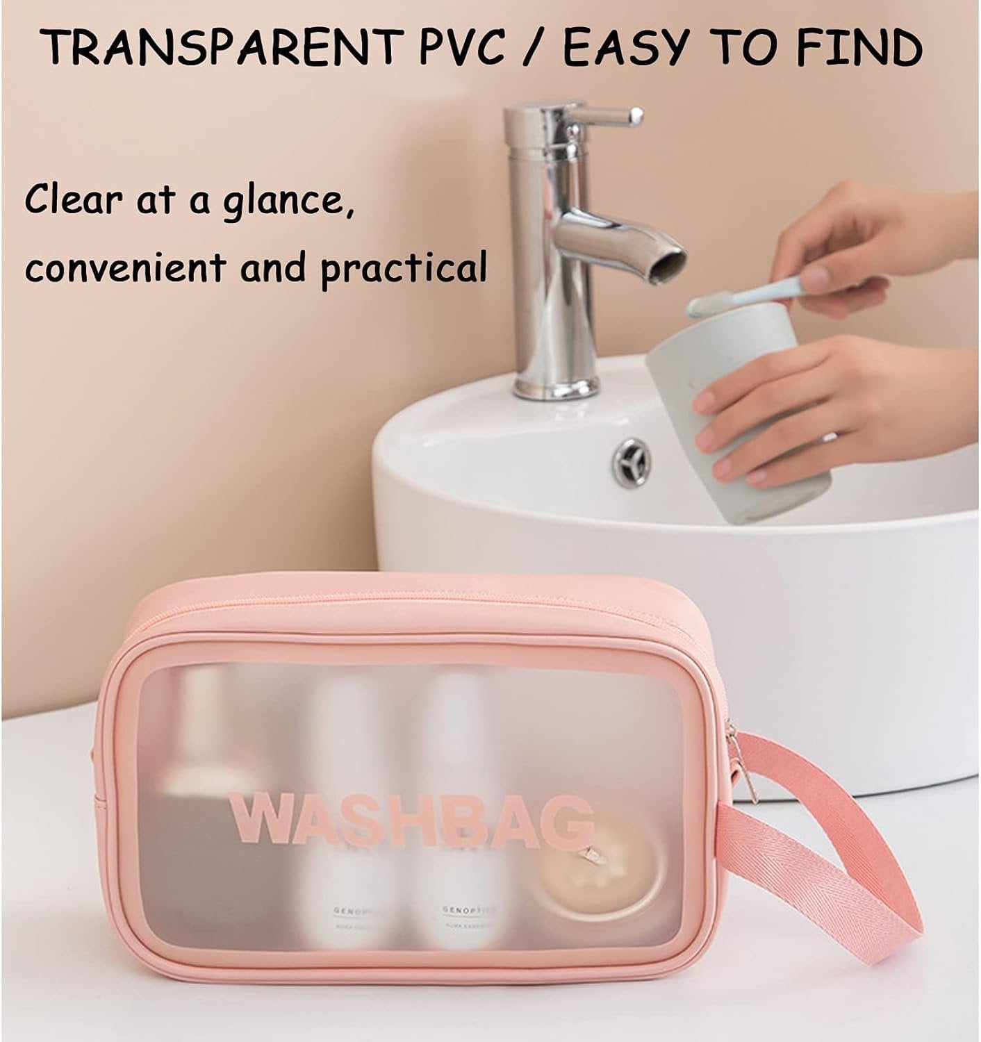 Travel Toiletry Bag for Women Men, Translucent Waterproof Travel Makeup Cosmetic Pouch Traveling Organizer for Toiletries, Cosmetic, Accessories, A-Pink, Fashion