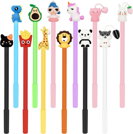 Taefuhnn 12 Pcs Novelty Cute Pens Bulk for Kids Party Bag Fillers, 0.5mm Black Gel Ink Fun Cartoon Ballpoint Pens Bulk for Kids Birthday Return Gifts, Stationery Party Favors, Classroom Supplies