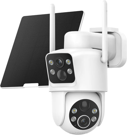 Dual Lens Solar Security Cameras Wireless Outdoor, 2K Full HD Video, 360° View Pan/Tilt Home Security Camera with Color Night Vision, Easy to Install, PIR Alarm, 2.4GHz WiFi