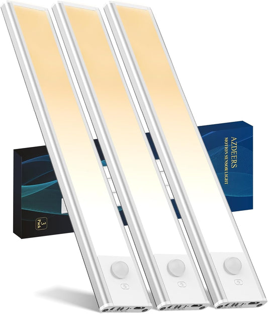 Azdeers Under Cabinet Lighting, 3 Pack Motion Sensor Light Indoor Dimming Wireless Closet Light, Stick-On Under Counter Lights, LED Rechargeable Lights for Kitchen Bedroom Stair, 20CM