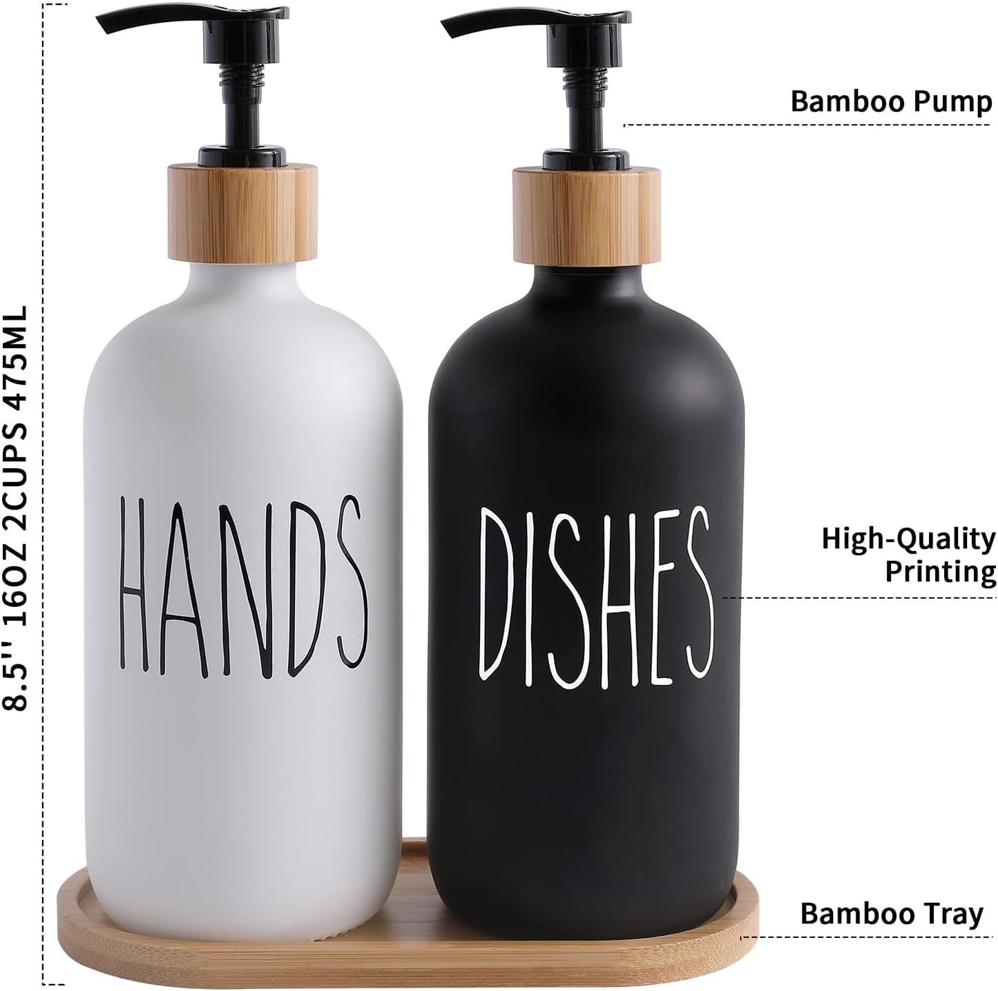 MOMEEMO Glass Soap Dispenser Set, Contains Hand Soap and Dish Soap Dispenser.Suitable for Kitchen Decor. (Black & White)