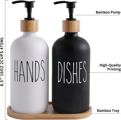 MOMEEMO Glass Soap Dispenser Set, Contains Hand Soap and Dish Soap Dispenser.Suitable for Kitchen Decor. (Black & White)