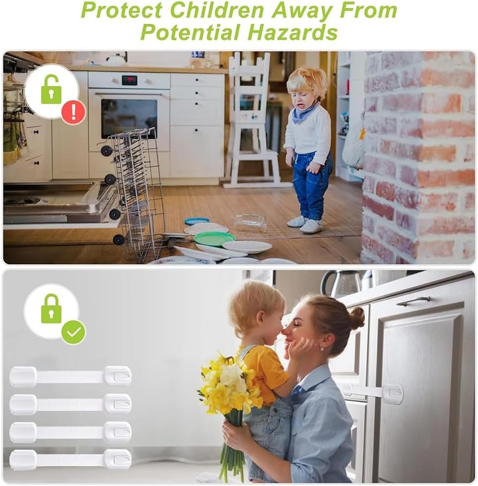 Aufondof 12 Pack Child Safety Strap Locks Refrigerator Cabinet Drawer Door Latches Baby Pets Proof,Easy to Use No Tools Required,Durable and Reliable for Cabinets, Drawers