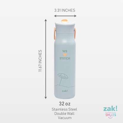 Zak Designs Disney Lilo & Stitch Harmony Water Bottle for Travel or At Home, 32oz Stainless Steel is Leak-Proof When Closed and Vacuum Insulated with Straw Lid, Carry Handle, and 3D Artwork