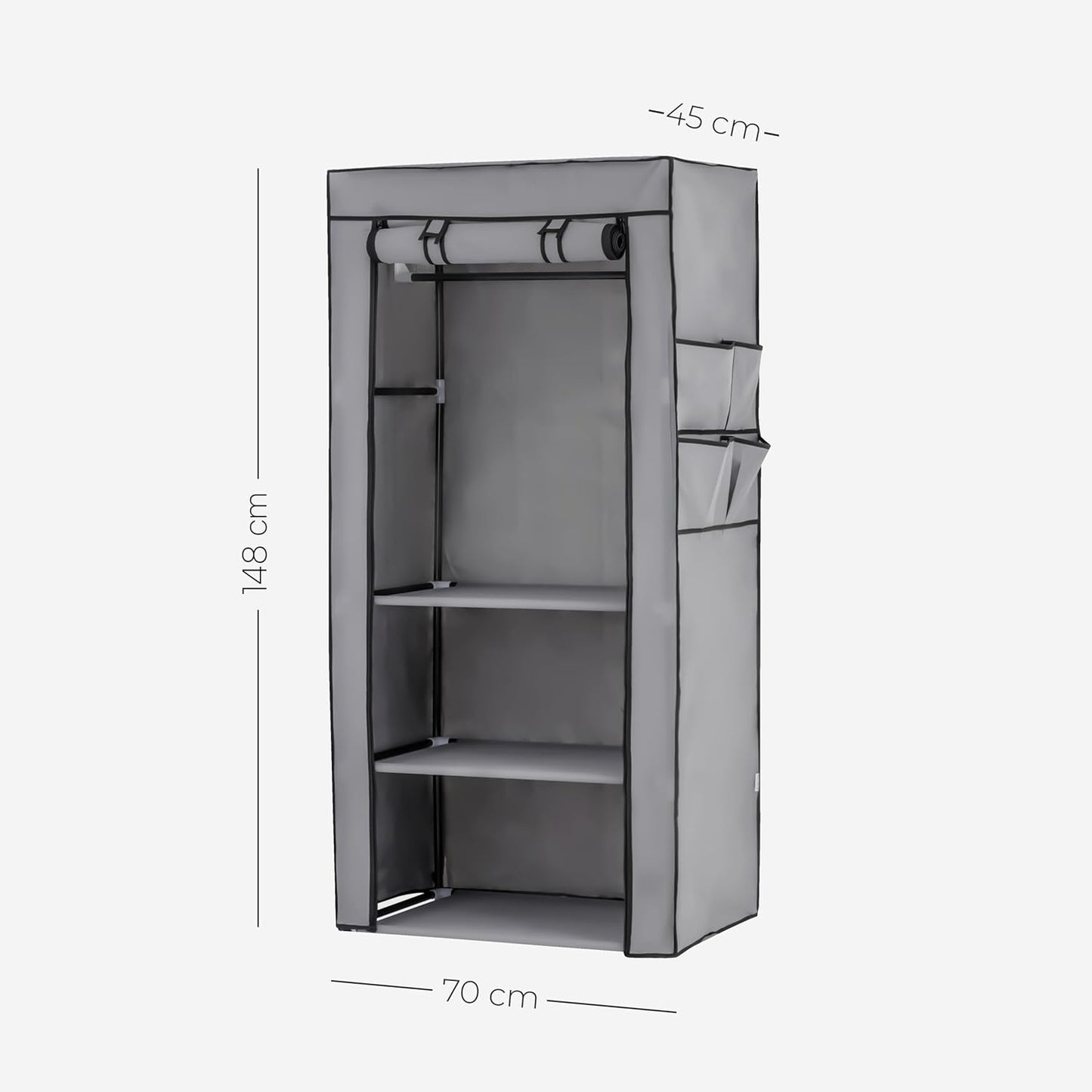 Baroni Home Folding Fabric Closet, Space-Saving Folding Furniture with Iron Frame for Bedroom, Walk-in Closet, Grey, 3 Shelves, 1 Clothes Rail, 70 x 46 x 148 cm