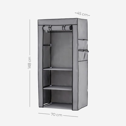 Baroni Home Folding Fabric Closet, Space-Saving Folding Furniture with Iron Frame for Bedroom, Walk-in Closet, Grey, 3 Shelves, 1 Clothes Rail, 70 x 46 x 148 cm