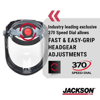 Jackson Safety Lightweight MAXVIEW Premium Face Shield - Mask with 370 Speed Dial Ratcheting Headgear, ANSI Z87.1, for Work, Grinding, Cutting - Uncoated - Clear Tint