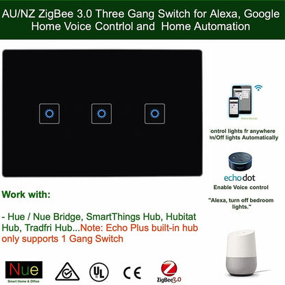 AU/NZ Approved ZigBee Smart 3 Gang Light Switch for Home Automation, Alexa Voice Control - Black 3 Gang
