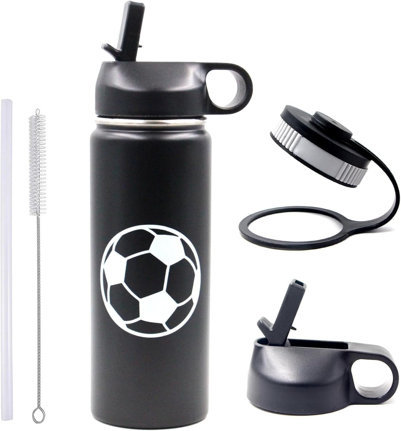 18 oz Soccer Water Bottle, Thermo Cup Sports Flask with 2 Lids, BPA-Free 18/8 Stainless Steel Leak Proof Travel Tumbler Double Wall Vacuum Insulated Water Bottles, Soccer Stuff Gifts for Boys Girls