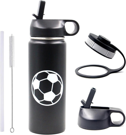 18 oz Soccer Water Bottle, Thermo Cup Sports Flask with 2 Lids, BPA-Free 18/8 Stainless Steel Leak Proof Travel Tumbler Double Wall Vacuum Insulated Water Bottles, Soccer Stuff Gifts for Boys Girls