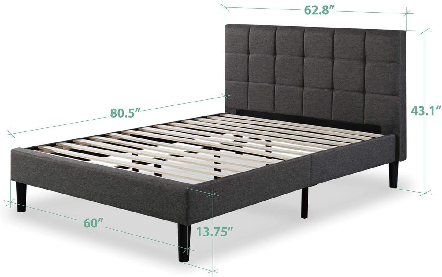 Zinus Queen Bed Frame - Square Upholstered Platform Bed Frame with Full-Sized Headboard - Wood Slat Support, Easy Assembly, No Box Spring Needed, Underbed Storage Space, Grey, Queen Size