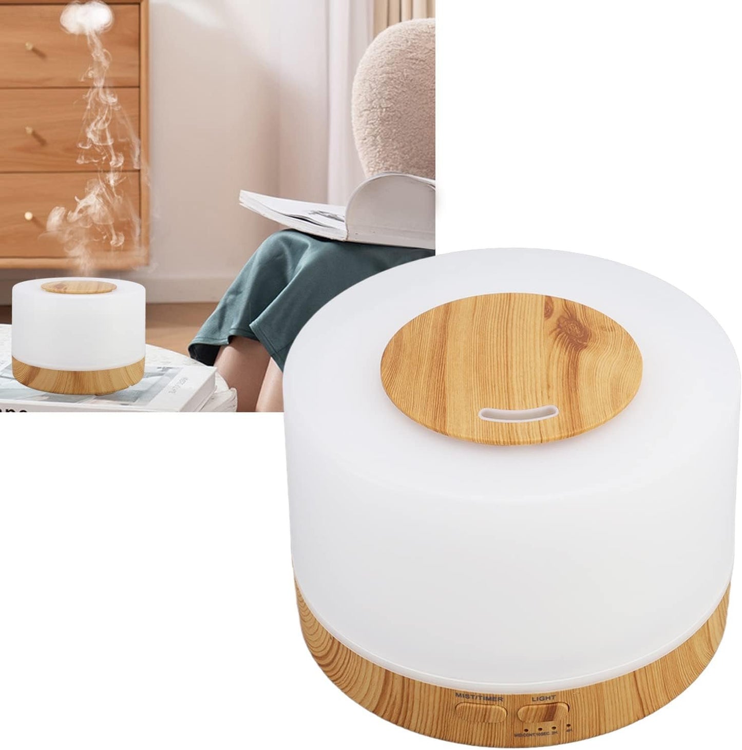 Portable Desk Humidifier, 500ml Wood Grain Air Humdifier, Low Noise Aromatherapy Diffuser with 7 Color LED Light and Remote Control, Auto Shut Down Aroma Diffuser(US Plug 110-240V)