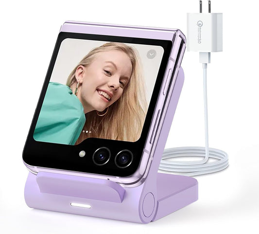 for Samsung Galaxy Z-Flip Wireless Charger: Galaxy Z Flip 6/5/4/3 Wireless Charging Stand,15W Fast Wireless Charger for Galaxy Z Flip6/Z Flip5/Z Flip4, Razr+(5W)Non-Fold(QC3.0 Adapter Included)Purple