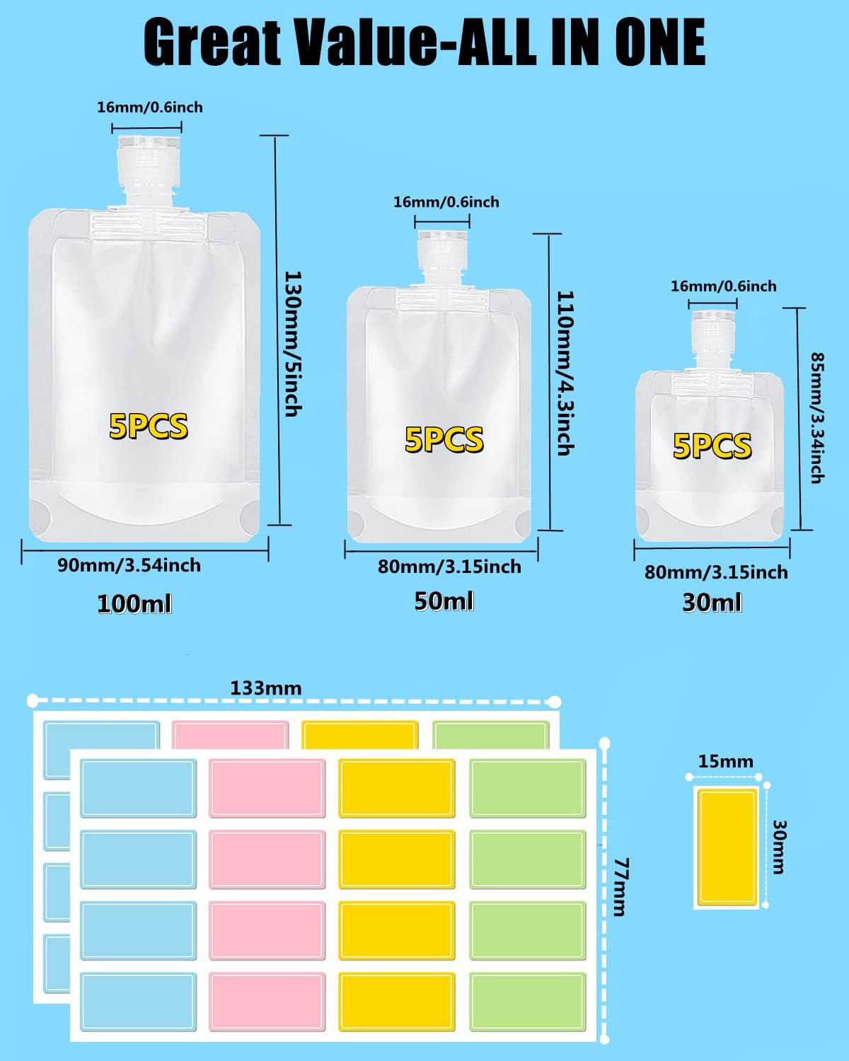 17 Pack Travel Pouches for Toiletries,TSA Approved,Travel Size Portable Containers,Stand Up Pouch,Refillable Travel Accessories for Shampoo Conditioner Lotion Soap Liquids, White, B-17cs