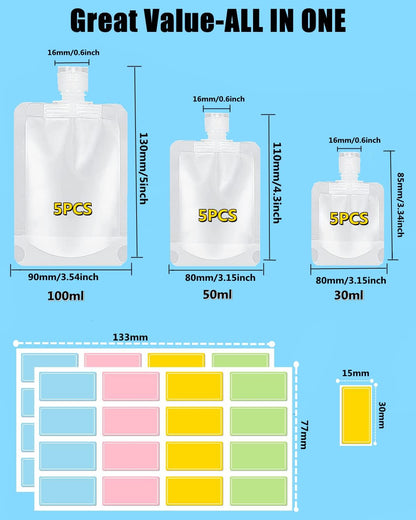 17 Pack Travel Pouches for Toiletries,TSA Approved,Travel Size Portable Containers,Stand Up Pouch,Refillable Travel Accessories for Shampoo Conditioner Lotion Soap Liquids, White, B-17cs