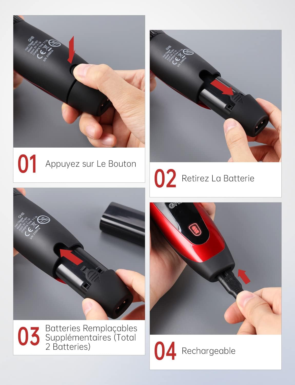 GHB Cordless Hair Clipper for Men, 2 Lithium Batteries, 14 Pieces for Men, Kids, Home Salon, Hairdresser