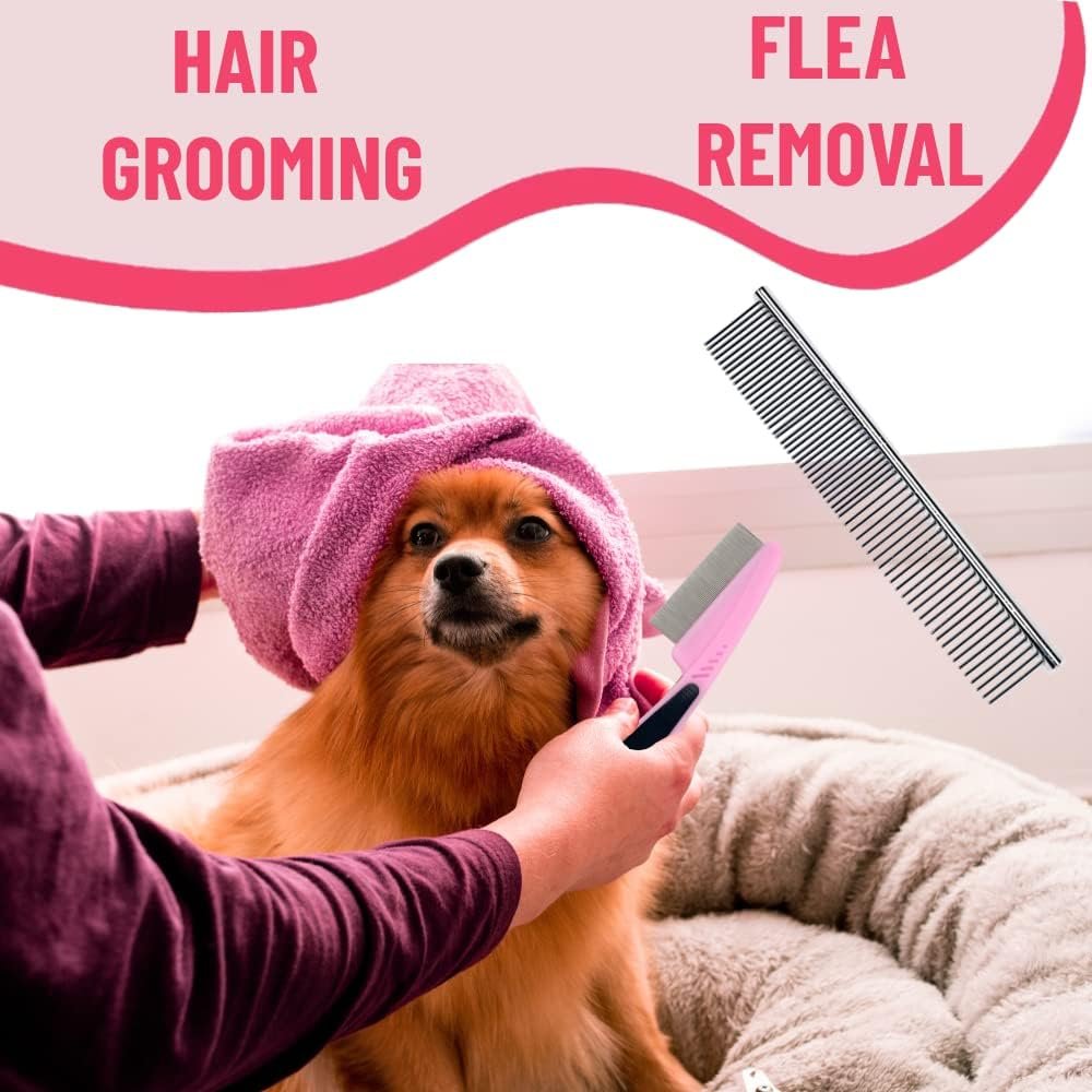 Dog Grooming Brush Shedding Kit - Dog Brush for Long Haired Dogs Short Haired Dogs, Dematting Comb for Dogs, Cat Hair Brush, Shedding and Flea Comb Kit Pink