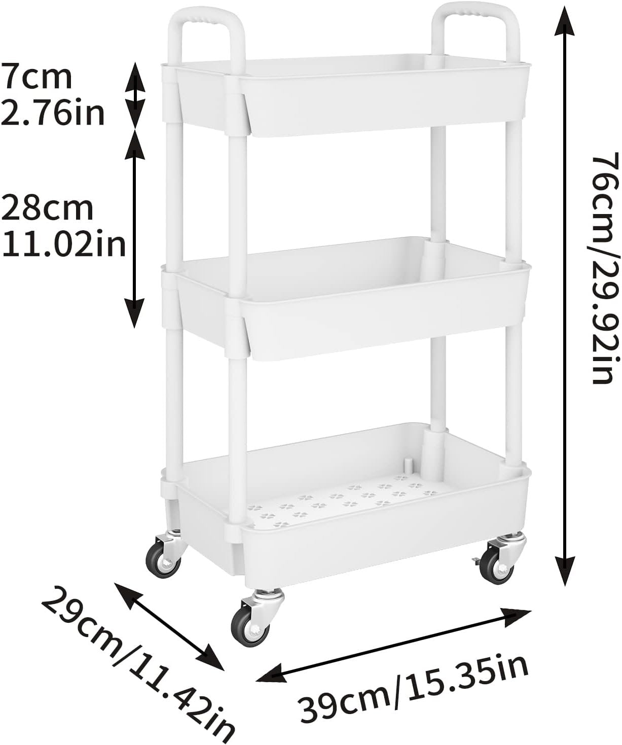 UDEAR 3-Tier Kitchen Rolling Utility Cart,Multifunction Storage Organizer with Handle and 2 Lockable Wheels for Kitchen,Bathroom,Living Room,Office,White