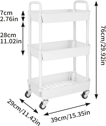 UDEAR 3-Tier Kitchen Rolling Utility Cart,Multifunction Storage Organizer with Handle and 2 Lockable Wheels for Kitchen,Bathroom,Living Room,Office,White