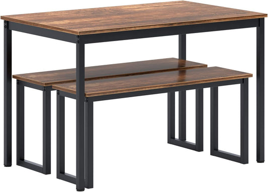 sogesfurniture Dining Table with Two Benches / 3 Piece Set Wood Table Top Sturdy Metal Frame Construction, Dining Table Set for Small Spaces Home Furniture Rectangular Modern, BHCA-CZJYB-yzld01