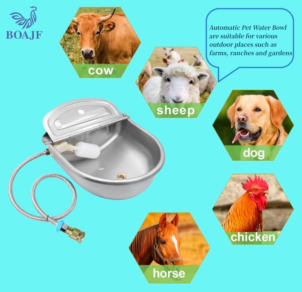 Boajf Automatic Water Dispenser for Dogs, Auto Water Dog Bowl with Drain Valve, Livestock Large Waterer 2 Gallon with Float Valve, Stainless Steel Water Trough with Hose Connector for Horse, Chicken