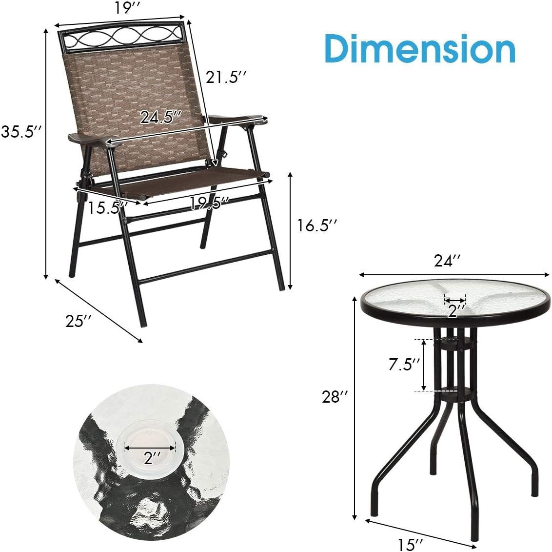 S AFSTAR 3-Piece Bistro Set, Patio Dining Furniture Set, Round Textured Glass Tabletop w/Umbrella Hole, Outdoor Conversation Set for Backyard Garden Poolside