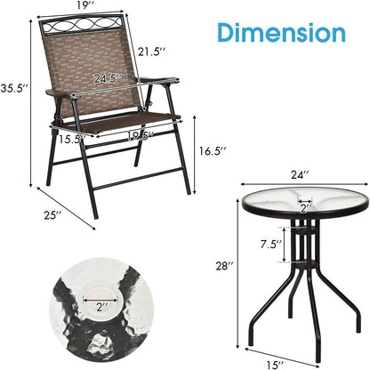 S AFSTAR 3-Piece Bistro Set, Patio Dining Furniture Set, Round Textured Glass Tabletop w/Umbrella Hole, Outdoor Conversation Set for Backyard Garden Poolside