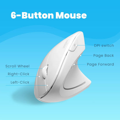 Perixx PERIMICE-713W Ergonomic Vertical Wireless Mouse - Adjustable DPI, 6-Button Design, Long-Range Connectivity, Right-Handed Use, White