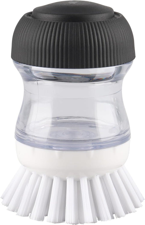 OYV Dish Scrub Brush with Soap Dispenser, Kitchen Brush for Dish Pot Pan Sink Cleaning, 1 Piece Soap Dispensing Palm Brush, Black/Clear/White