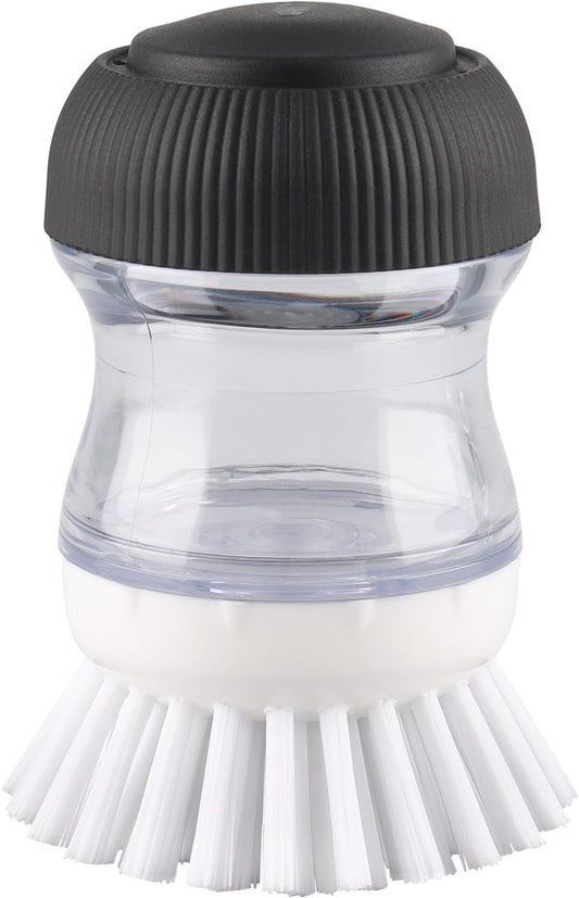 OYV Dish Scrub Brush with Soap Dispenser, Kitchen Brush for Dish Pot Pan Sink Cleaning, 1 Piece Soap Dispensing Palm Brush, Black/Clear/White