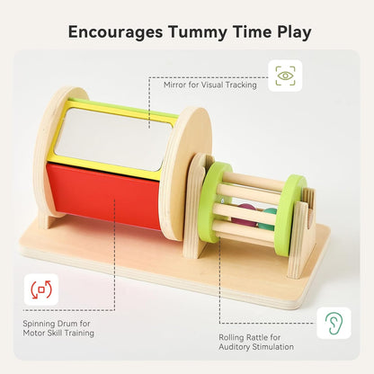 Promise Babe 2-in-1 Montessori Baby Toys | Wooden Spinning Drum & Rolling Rattle Combo for 3 6 12 Months | Sensory Development Toys with Mirror, Bells & Tummy Time Play | ASTM Certified Gift
