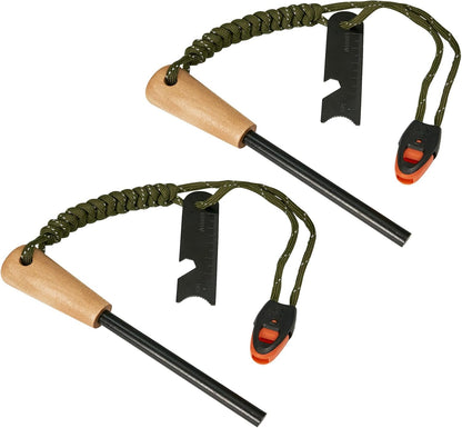 Fire Starter Survival Tool, 5/16" Ferro Rod 2 Pack with Paracord Lanyard, Multi-Tool Striker and Wooden Handle, Flint and Steel Fire Starter Kit for Your Hiking, Backpacking and Camping Essentials