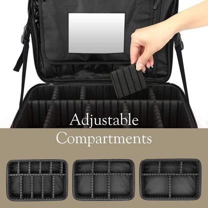Luxspire Travel Makeup Bag Cosmetic Case, 3 Layer Large Professional Makeup Travel Train Case, Large Portable Makeup Brush Holder Organizer Artist Storage Bag with Shoulder Strap Mirror, Black