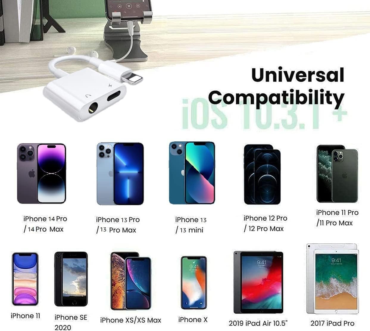 [Apple MFi Certified] 2 Pack Lightning to 3.5mm Headphone Jack Adapter for iPhone,2 in 1 AUX Audio + Charger Splitter Dongle Compatible with iPhone 14/13/12/11/XS/XR/X/7 8/Pad, Support All iOS System