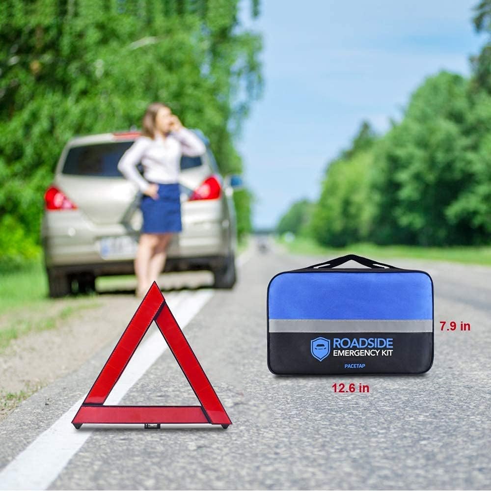 PACETAP Car Roadside Emergency Kit, Essential Auto Safety Road Side Assistance Tool Kit with LED Road Flare, Jumper Cables, Towing Rope, Triangle and More Winter Vehicle Accessories