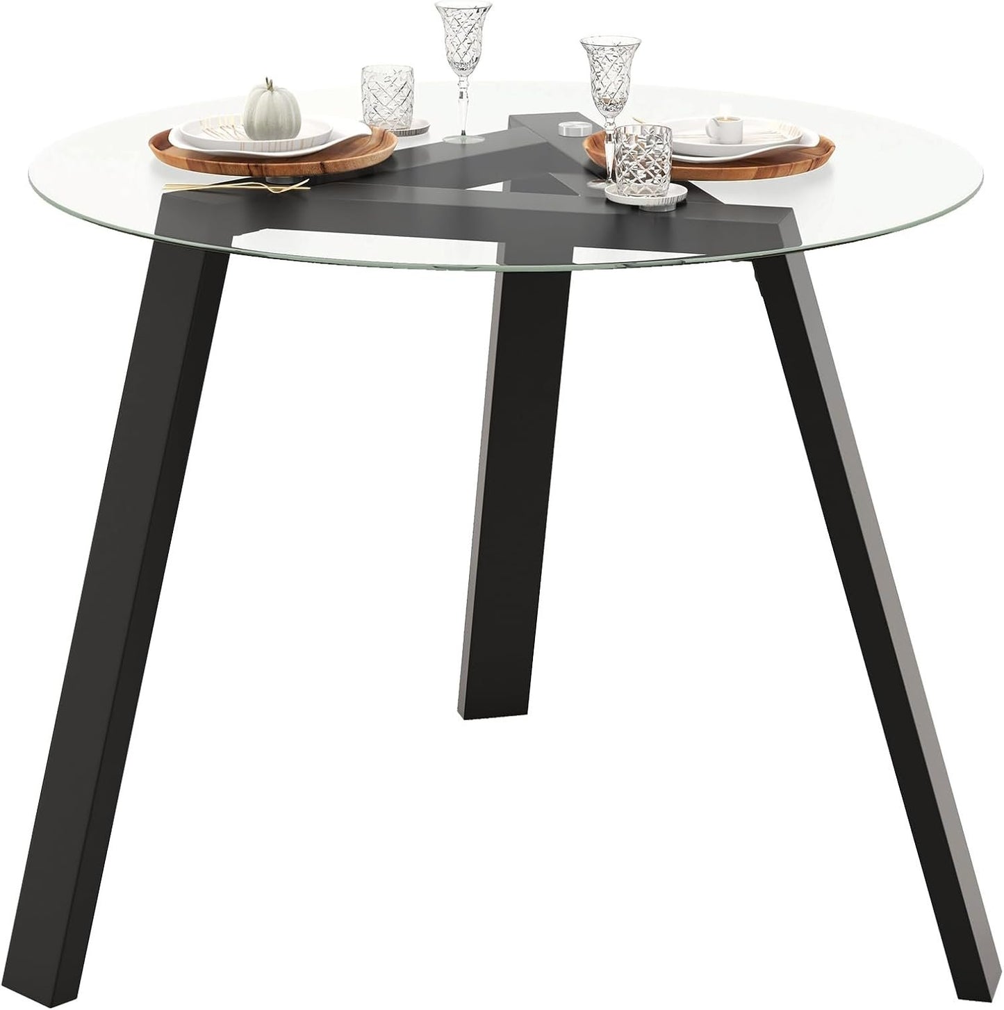 Giantex Round Glass Dining Table for 4 - Small Coffee Table with Rubber Wood Frame, Stable Triangular Structure, 36” Round Breakfast Table, Dinette Table for Living Room, Kitchen Table (Black)
