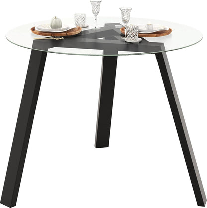 Giantex Round Glass Dining Table for 4 - Small Coffee Table with Rubber Wood Frame, Stable Triangular Structure, 36” Round Breakfast Table, Dinette Table for Living Room, Kitchen Table (Black)