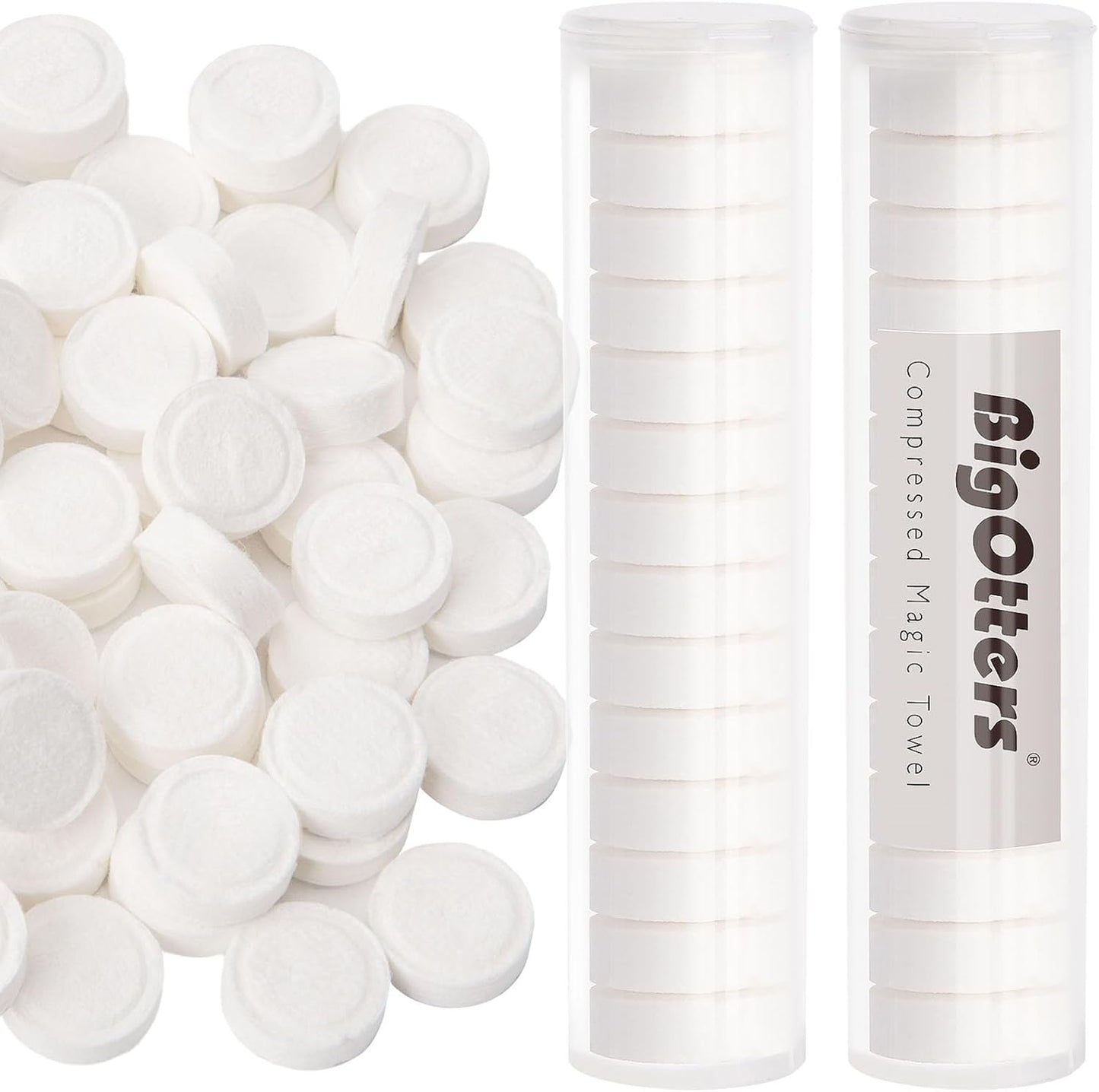 BigOtters Compressed Towels, 100PCS Disposable Face Towels for Travel Expandable Wipes Tablets with 2PCS Tube Containers for Survival Gear and Supplies Outdoors Camping Hiking Hotel