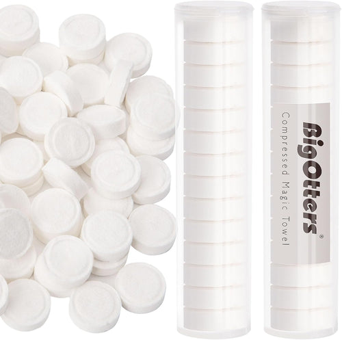 BigOtters Compressed Towels, 100PCS Disposable Face Towels for Travel Expandable Wipes Tablets with 2PCS Tube Containers for Survival Gear and Supplies Outdoors Camping Hiking Hotel