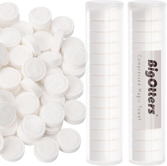BigOtters Compressed Towels, 100PCS Disposable Face Towels for Travel Expandable Wipes Tablets with 2PCS Tube Containers for Survival Gear and Supplies Outdoors Camping Hiking Hotel