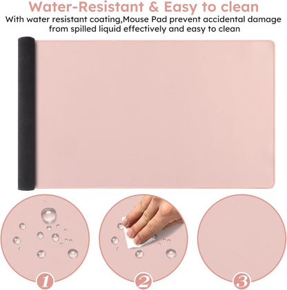 iCasso Mouse Pad Set, Memory Foam Ergonomic Keyboard Mouse Wrist Rest, Extended Desk Pad with Stitched Edges (35.4 x 15.7 inch), Non-Slip Waterproof Mouse Pad for Home Office Study Game (Pink)
