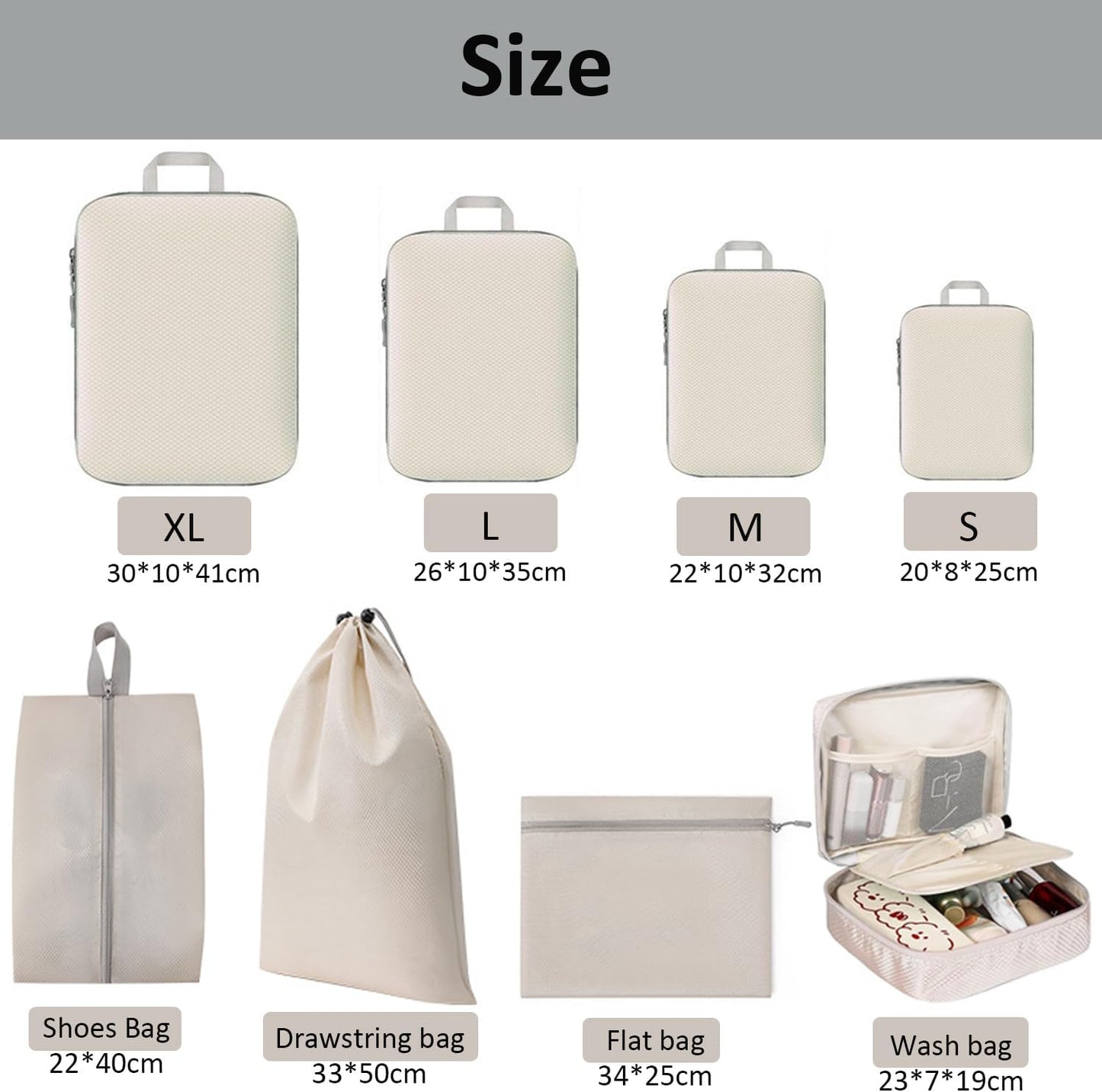 Compression Packing Cubes For Travel Set 8pcs Travel Packing Cubes Set Organisers Accessories Storage Bags Clothing Sorting Packages Expandable Bags for Luggage Suitcase-Beige