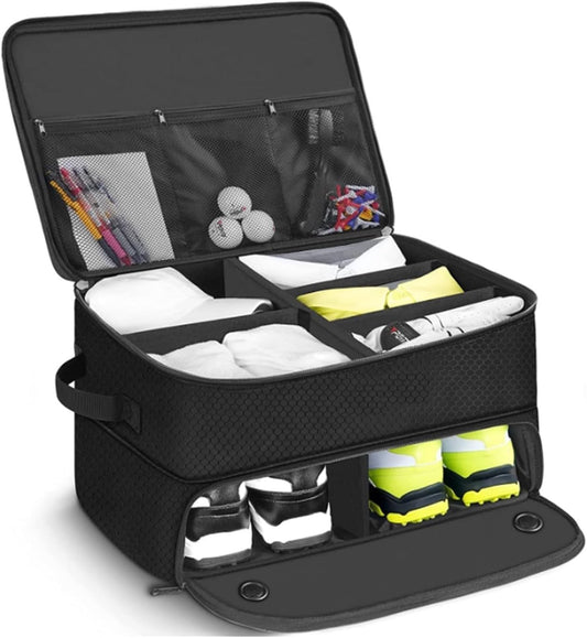 KAPEICamper 2 Layers Golf Trunk Organizerï¼ŒStorage Travel Trunk Accessory Organizer with Separate Compartment Car Trunk Lockerï¼ŒFoldable Golf Organizer for Car,Waterproof and Durable Golf Storage Bag